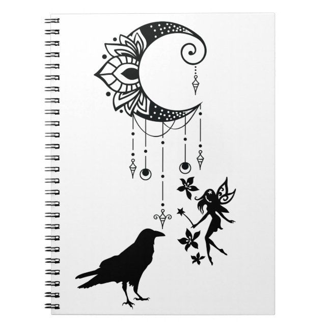 Magical Crescent Moon, Fairy and Crow Fantasy Notebook (Front)
