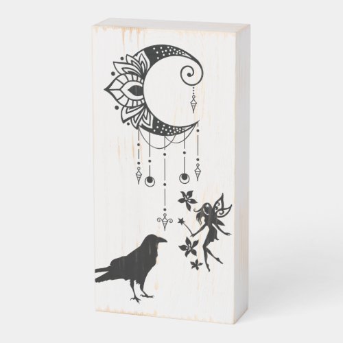 Magical Crescent Moon Fairy and Crow Fantasy Wooden Box Sign