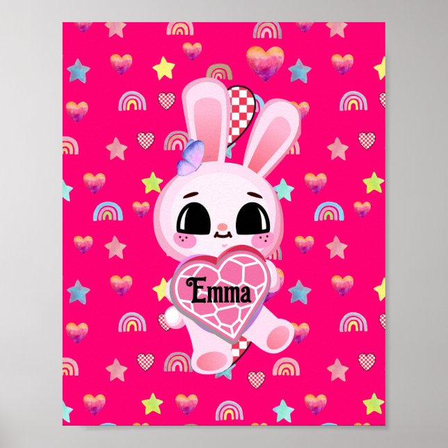 Magical Cute Bunny with Pink Heart Poster (Front)