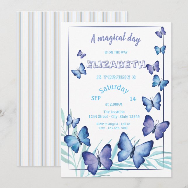 Magical Cute Butterflies Striped Birthday  Invitation (Front/Back)