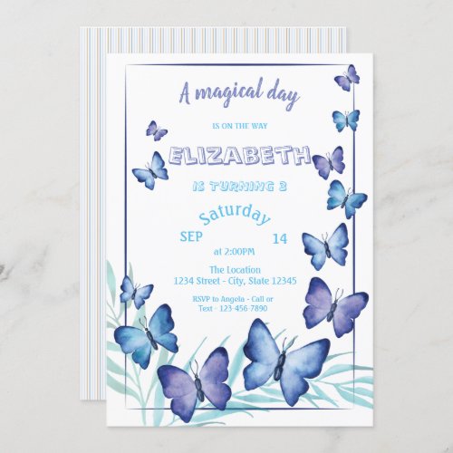Magical Cute Butterflies Striped Birthday  Invitation