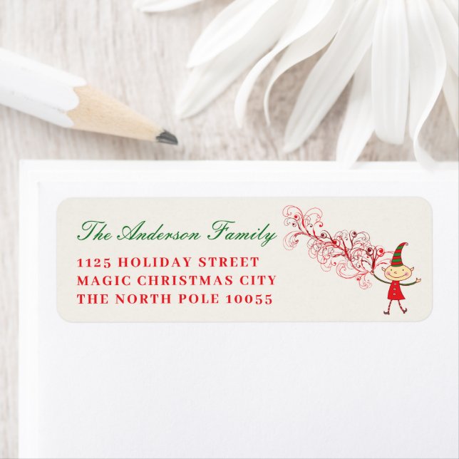 Magical Cute Elf With Red Swirls Christmas Address Label (Insitu)