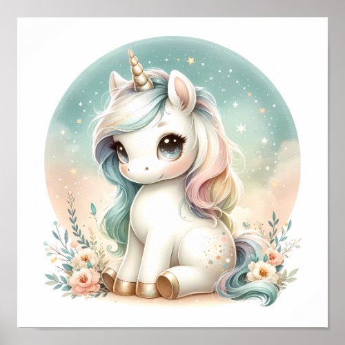 Magical Cute Kawaii Unicorn Floral Nursery Kids Poster