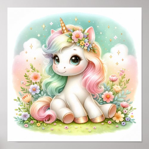 Magical Cute Kawaii Unicorn Floral Poster
