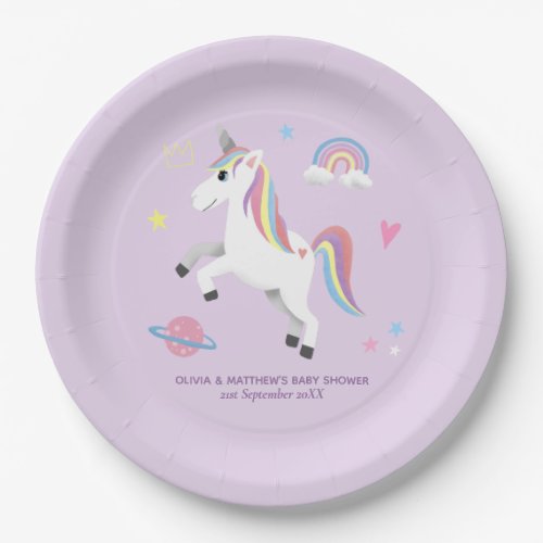Magical Cute Purple Unicorn Girls Baby Shower Paper Plates
