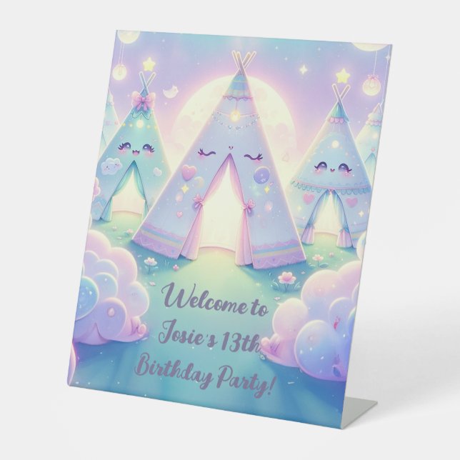 Magical Cute Sleepover Birthday Party Pedestal Sign (Front)