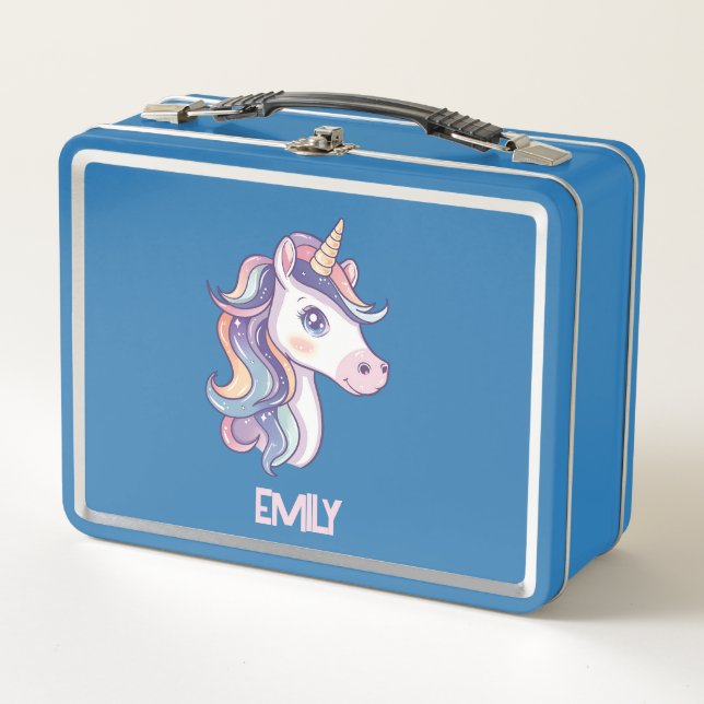 Magical Cute Sparkly Pastel Unicorn with Kids Name Metal Lunch Box (Front)