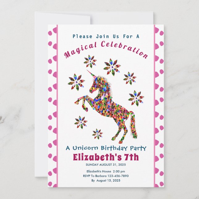 Magical Cute Unicorn Glitter Birthday Invitation (Front)