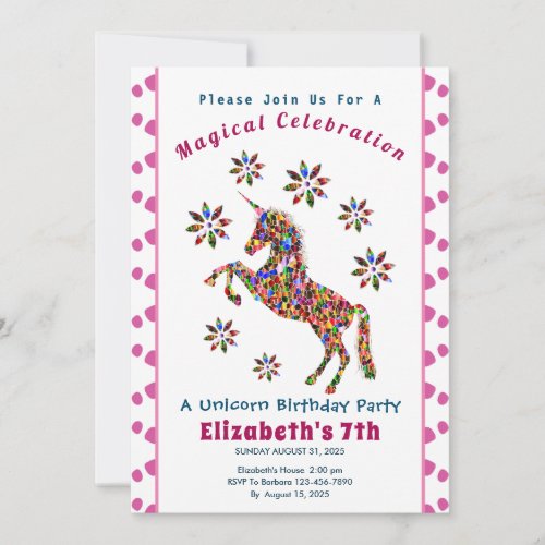 Magical Cute Unicorn Glitter Birthday Invitation