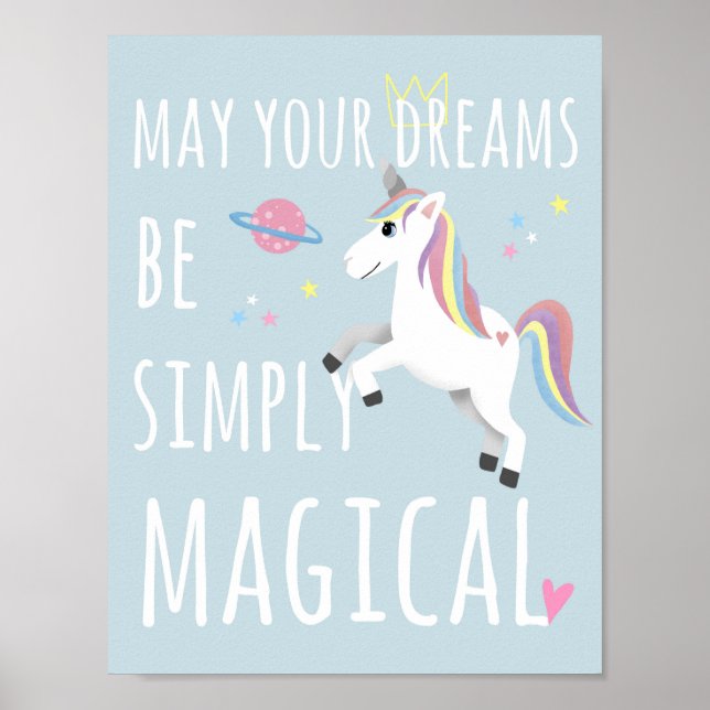 Magical Cute Unicorn Kids Whimsical Blue Nursery Poster (Front)