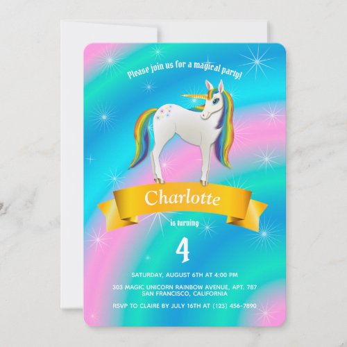 Magical Cute Unicorn Rainbow Mane Birthday Photo I Invitation