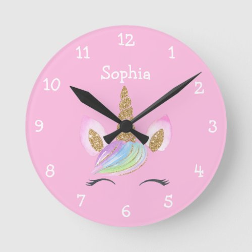 Magical Cute Unicorn Rainbow Personalized Girl Round Clock