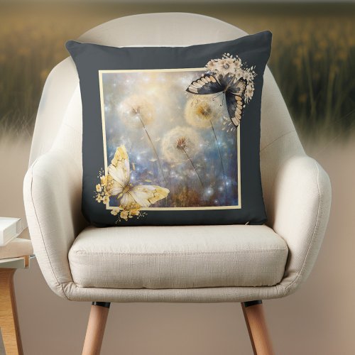 Magical Dandelions with Black and Gold Butterflies Throw Pillow