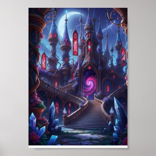 Magical Dark Fantasy Castle Glowing Portal Poster