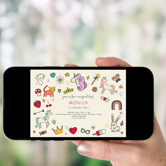 Magical day cats rabbits unicorns kids birthday invitation (Front Digital)