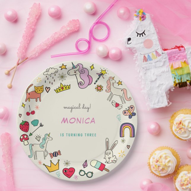 Magical day cats rabbits unicorns kids birthday paper plates (Party)