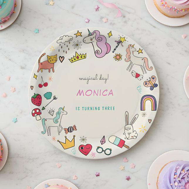 Magical day cats rabbits unicorns kids birthday paper plates (Creator Uploaded)