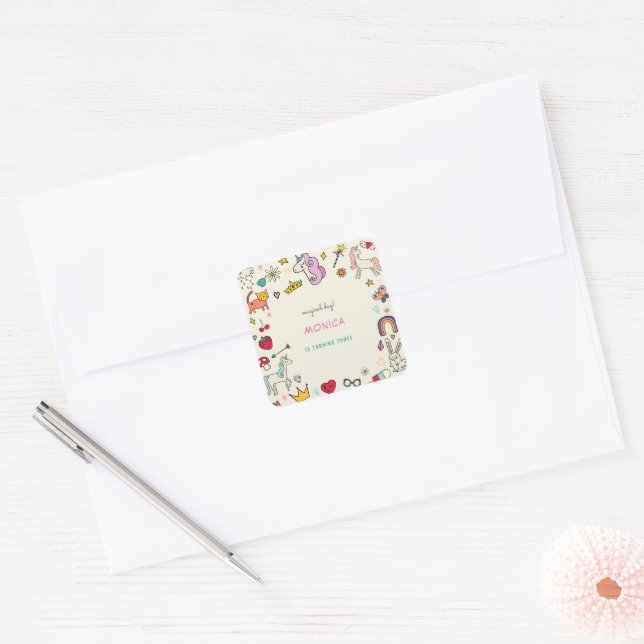 Magical day cats rabbits unicorns kids birthday square sticker (Envelope)