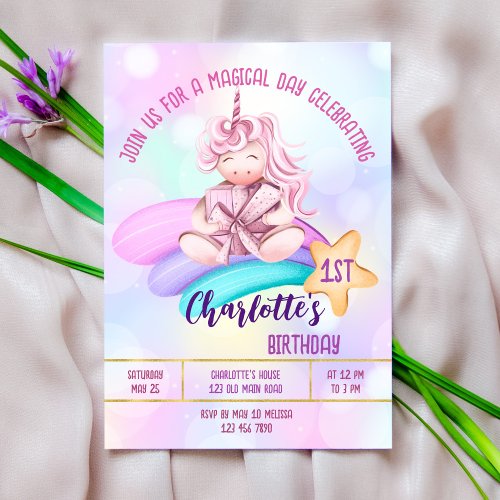 Magical day rainbow unicorn birthday party invite