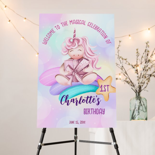 Magical day rainbow unicorn birthday welcome sign (In Situ (Stand))