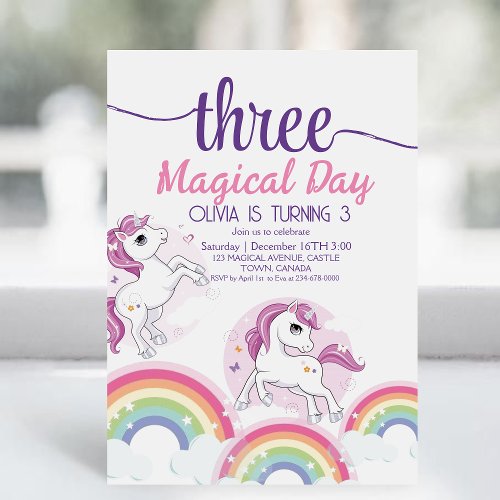 Magical Day Unicorn 3rd Birthday  Party Invitation