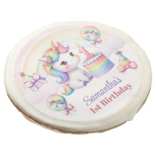 Magical Day Unicorn and Rainbows 1st Birthday Sugar Cookie (Angled)