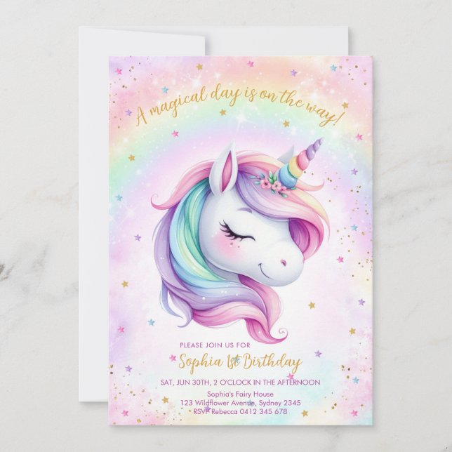 Magical Day Unicorn and Rainbows Birthday Invitation (Front)