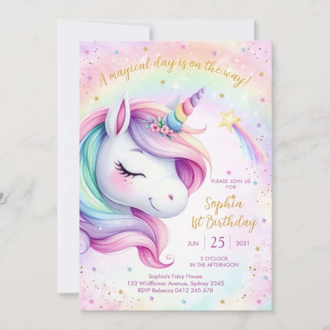 Magical Day Unicorn and Rainbows Birthday Invitation (Front)