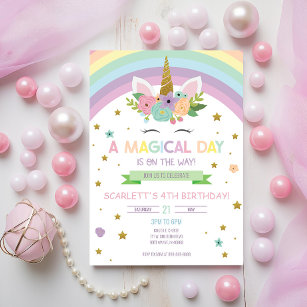 Magical Day Unicorn and Rainbows Birthday Invitation