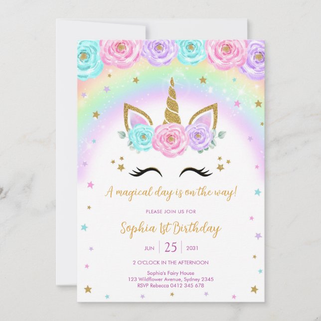 Magical Day Unicorn and Rainbows Birthday Invitation (Front)