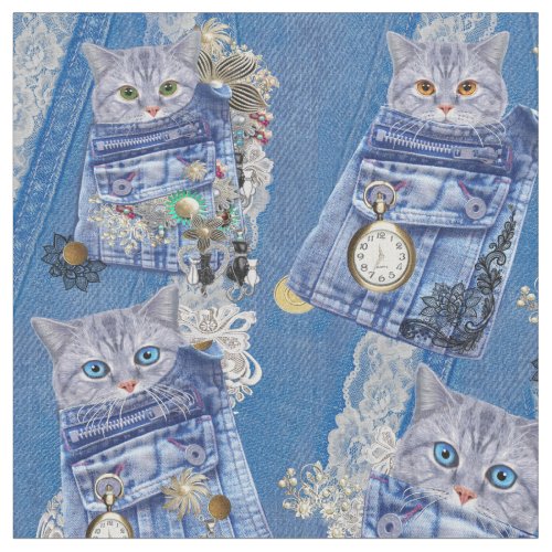 Magical Denim pockets  kittens Fabric