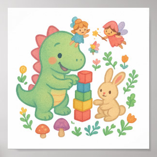 Magical Dino & Bunny – Cute Fairy Tale Friends Pos Poster