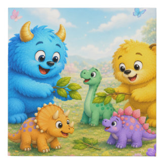 Magical Dinosaur Friends Garden Adventure Faux Canvas Print