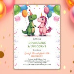 Magical Dinosaur & Unicorn Joint Kids Birthday Invitation<br><div class="desc">Make your children's double celebration extra special with this adorable Dinosaur and Unicorn joint birthday invitation! Designed for siblings or twins, this invitation is perfect for a boy-and-girl combo party. Featuring a playful green dinosaur and a magical pink unicorn with festive party hats and colorful balloons, this design radiates fun...</div>