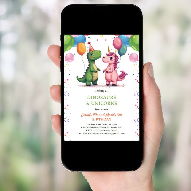 Magical Dinosaur & Unicorn Joint Kids Birthday Invitation (Front Digital)