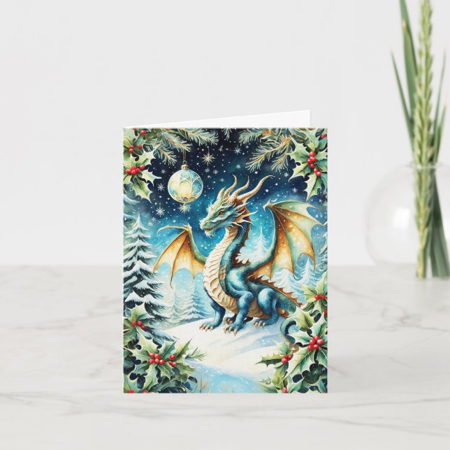 Magical Dragon Christmas With Holly Card (Front)