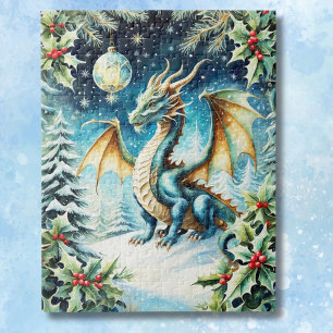 Magical Dragon Christmas With Holly Jigsaw Puzzle