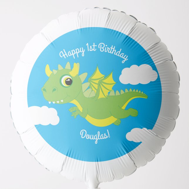 Magical Dragon Cute 1st Birthday Mylar Balloon (Front)
