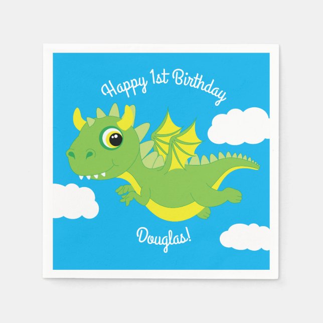 Magical Dragon Cute 1st Birthday Party Napkins (Front)