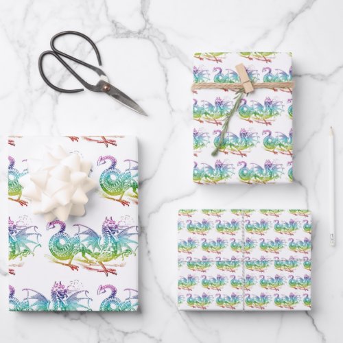 Magical Dragon Pastel Pattern Theme Wrapping Paper Sheets