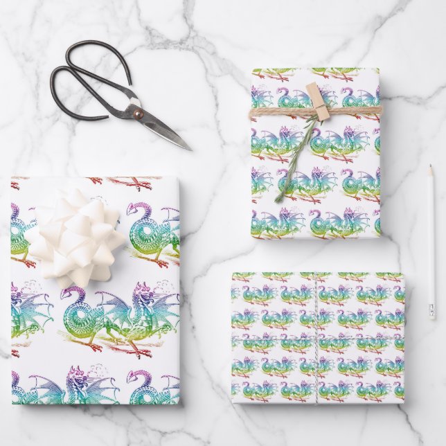 Magical Dragon Pastel Pattern Theme Wrapping Paper Sheets (Front)