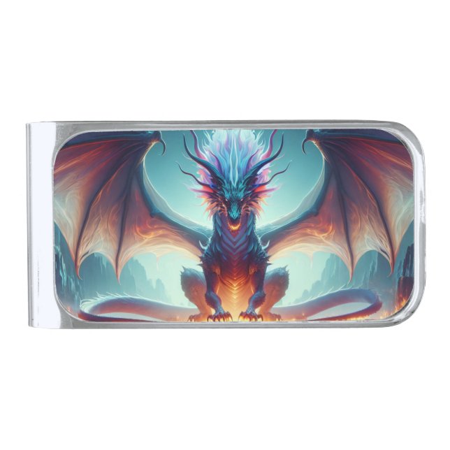 Magical Dragon Reflection Ai Art Silver Finish Money Clip (Front)