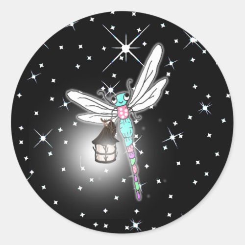 Magical Dragonfly Nighttime Sparkles Classic Round Sticker