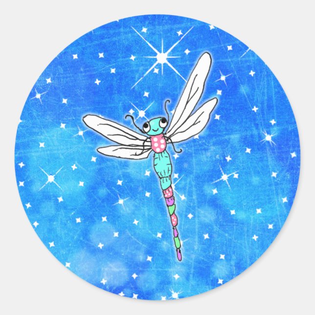 Magical Dragonfly Nighttime Sparkles Classic Round Sticker (Front)