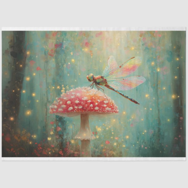 Magical Dragonfly on a Mushroom Decoupage Tissue Paper (Front)