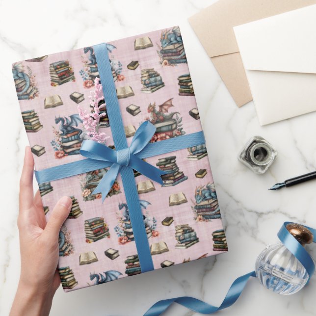 Magical Dragons & Books on Light Gray-Pink Wrapping Paper (Gifting)