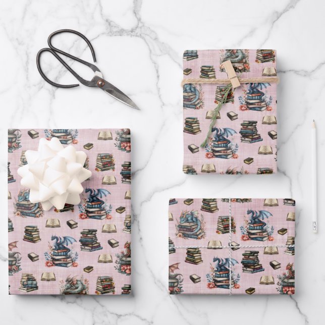 Magical Dragons & Books on Light Gray-Pink Wrapping Paper Sheets (Front)