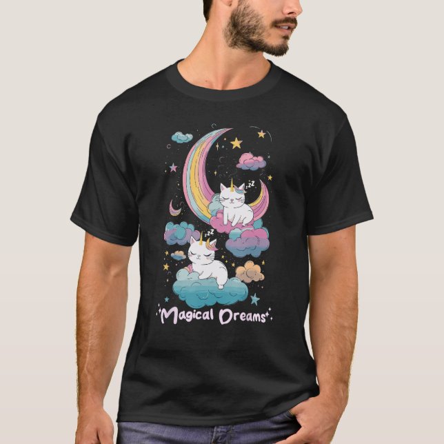 Magical Dreams Sleeping Cat Unicorns Pastel Clouds T-Shirt (Front)