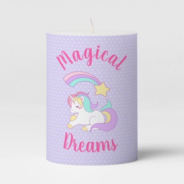 Magical Dreams. Sleeping Unicorn & Shooting Star Pillar Candle (Front)