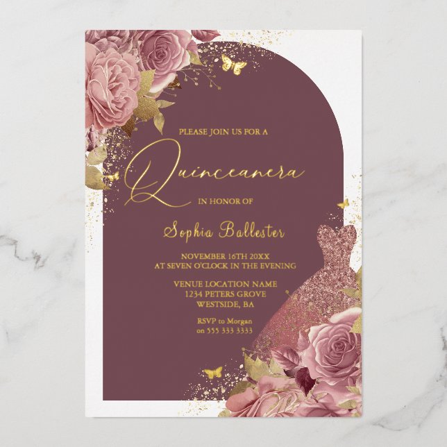 Magical Dress & Arch Enchanted Quinceanera Gold Foil Invitation (Front)